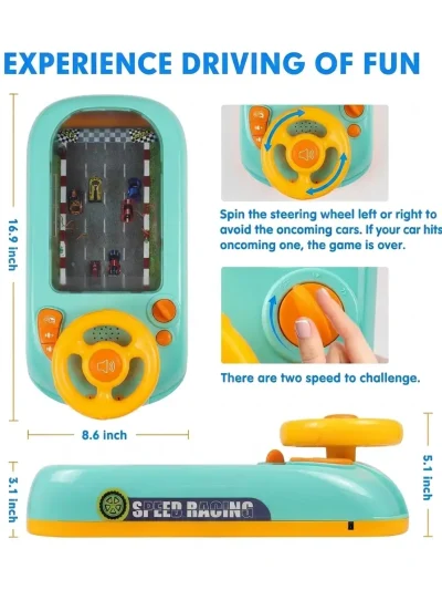 Kids car seat steering wheel attachment showing dimensions and two speed challenge modes for toddlers.
