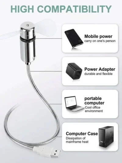 Portable USB clock fan attached via flexible neck cable showing compatibility with power bank and office PC setup.