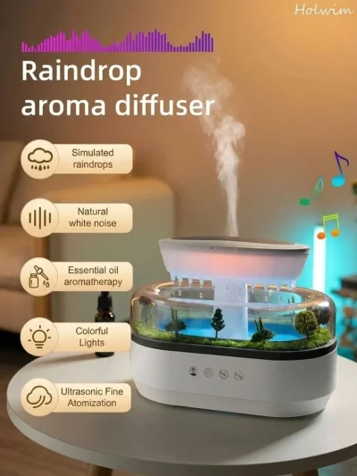 Rain cloud humidifier with water drop rain sound machine effect providing relaxing white noise barish ki awaz.