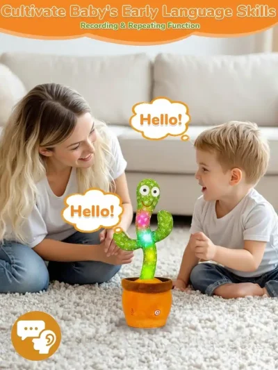 Mother and toddler interacting with a baby voice repeating cactus to practice language skills.