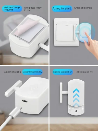 Infographic showing universal remote control for home appliances features like USB-C charging and sliding mount.