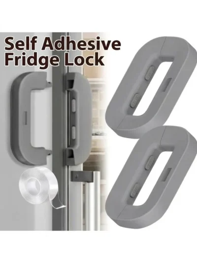 Self adhesive fridge lock with strong tape for hassle-free child safety door lock mounting in kitchen.