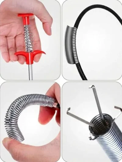 Stainless steel flexible drain snake showing spring mechanism and 4-pronged claw grabber tip.