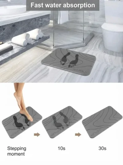 Visual proof of the water soaking mat for home drying footprints in 30 seconds for a quick dry washroom.