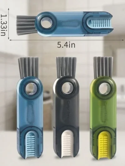 Dimensions for tiny silicone gap cleaner for cups and mugs showing length and brush heads.