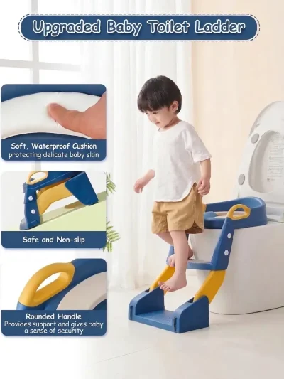 Child climbing a toddler potty chair with safety handles, featuring a soft cushion kids toilet seat and non-slip steps.