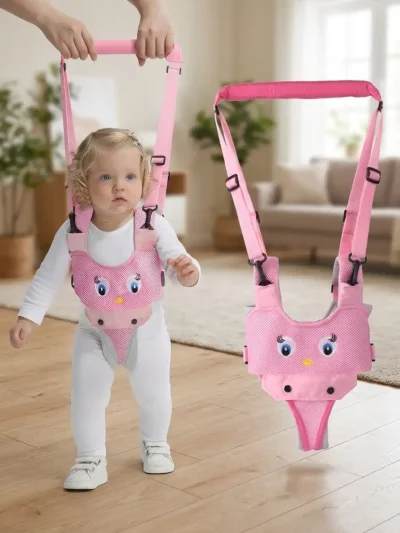 Cute toddler using breathable mesh baby walking aid with adult guidance, showing safe toddler walking assistant in action at home.