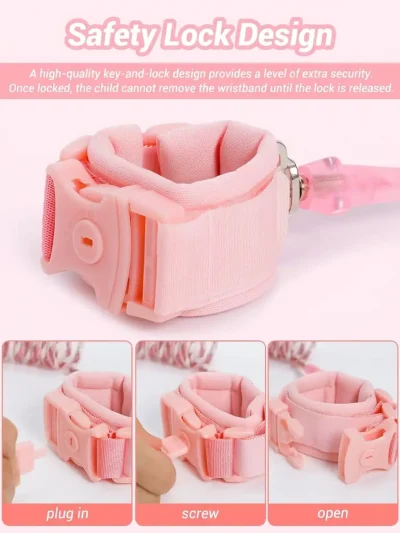 Close-up of the pink toddler walking strap with key lock showing the plug-in, screw, and open security steps.
