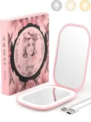 Double sided foldable mirror with USB charging cable for touchups.
