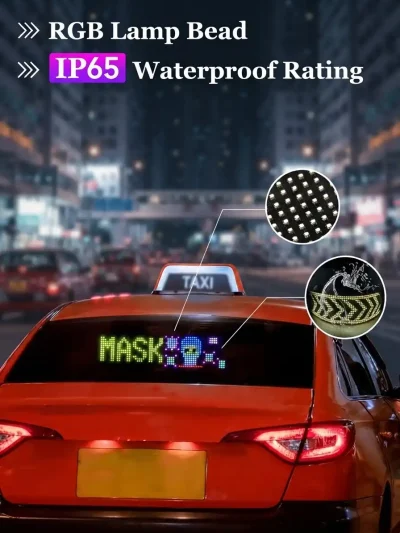 Red car rear window featuring a waterproof car windshield programmable LED display with RGB lamp beads.