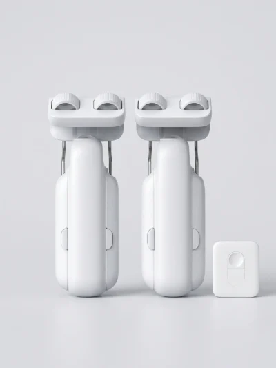 Two white WiFi smart automatic curtain opener motor 2-pack units displayed with a Bluetooth remote control for easy operation.