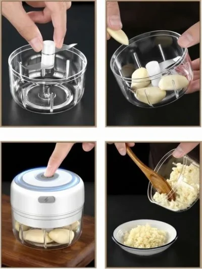 One-touch automatic garlic press showing step by step use of wireless garlic mincer and cutter.
